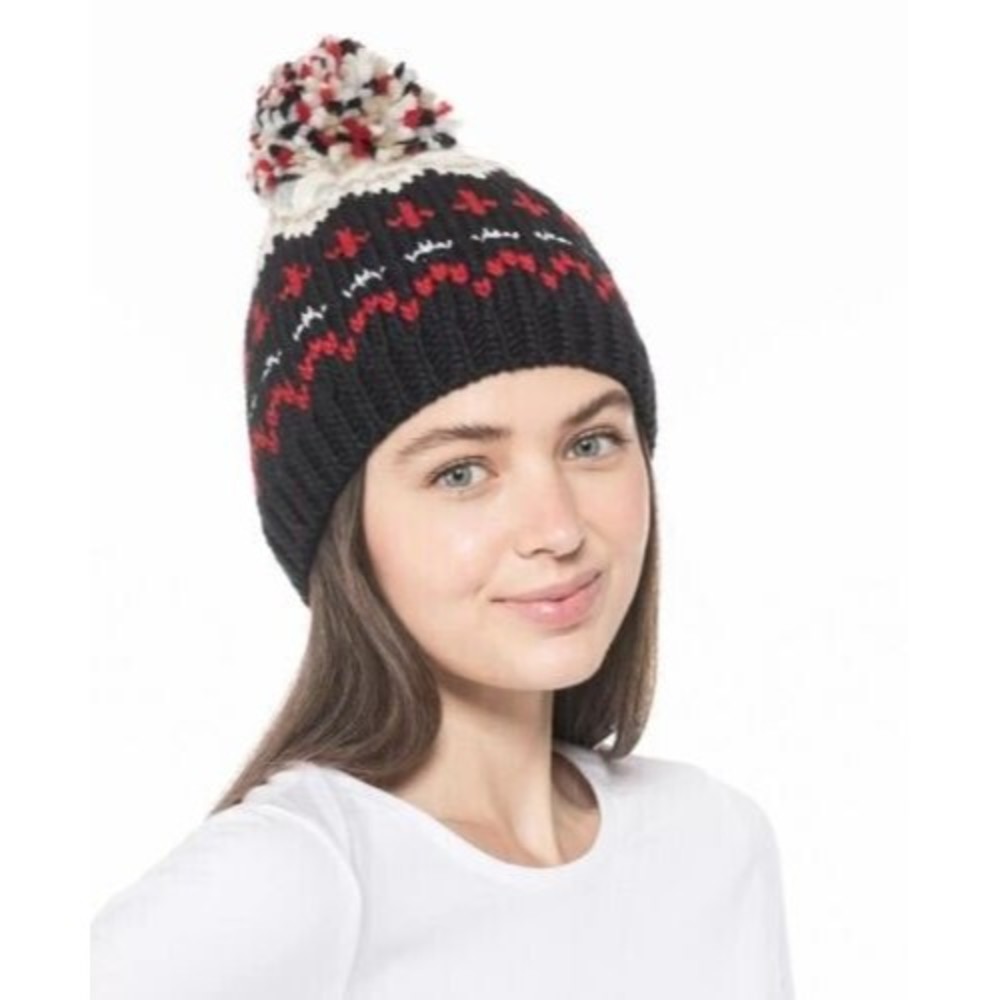 Jenni Women's Chunky Fair Isle Beanie Black Red White Silver Pom Pom One Size